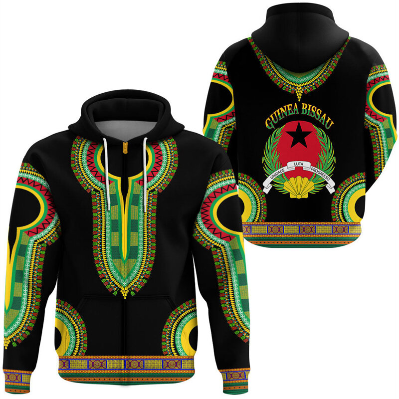 Africa Guinea-Bissau Map Flag 3D Print Zip Up Hoodie For Men Patriotic Tracksuit National Emblem Graphic Sweatshirts Male Tops