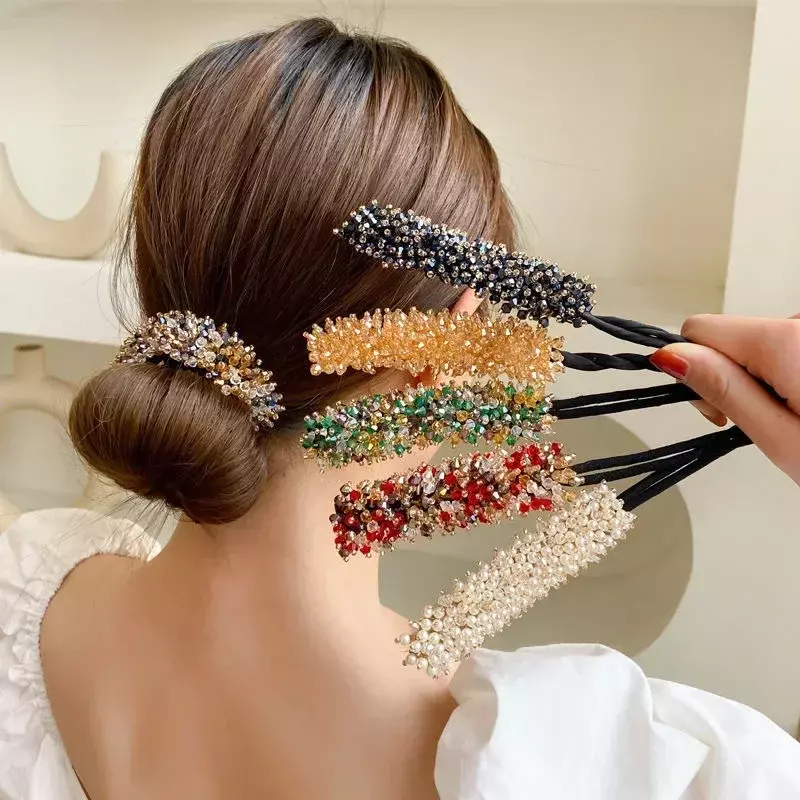Jepit rambut Sanggul kristal mutiara, aksesori rambut wanita, hiasan kepala jepit rambut kepang elegan model Korea