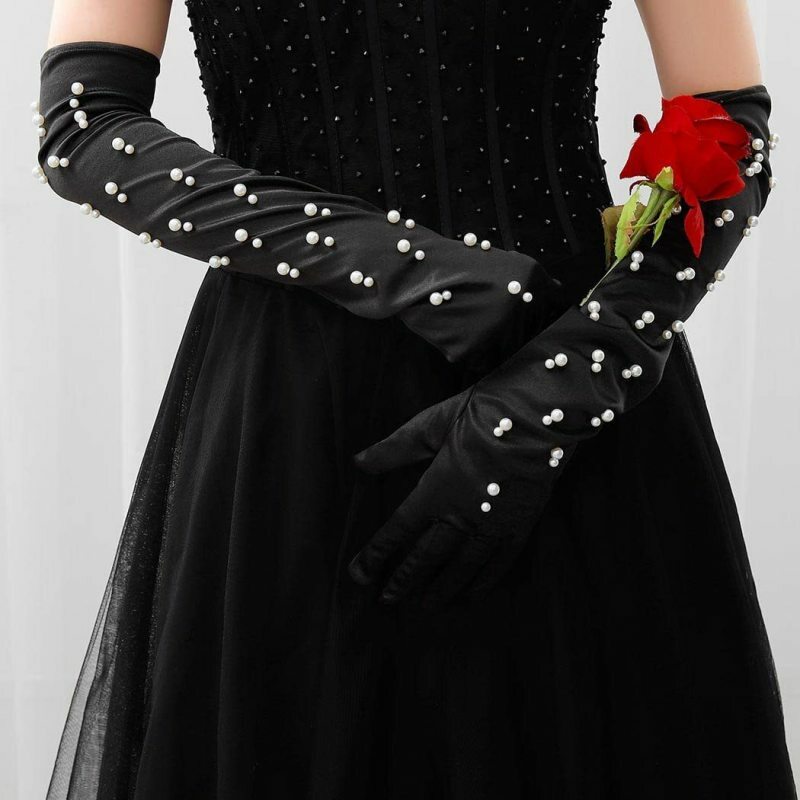 55cm Women Retro Style Satin Pearl Decoration Long Gloves Elegant Smooth Soft Stretch Stage Performance Accessories Cosplay