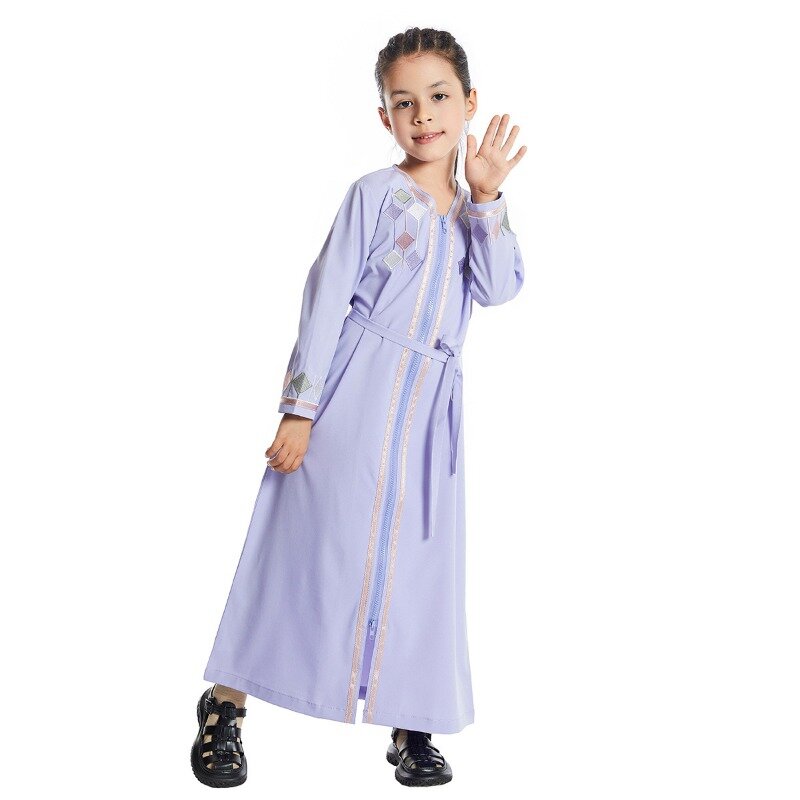 Vestido bordado menina com cinto, decote em v, manga comprida, abaya, kaftan islâmico, túnica árabe, festa do Eid, muçulmano, zíper