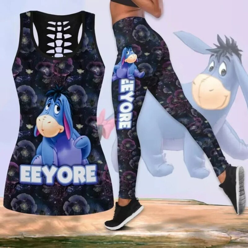 2024 Eeyore Women's Hollow Vest + Women's Leggings Yoga Suit Fitness Leggings Sports Suit Winnie the Pooh Tank Top Legging Set