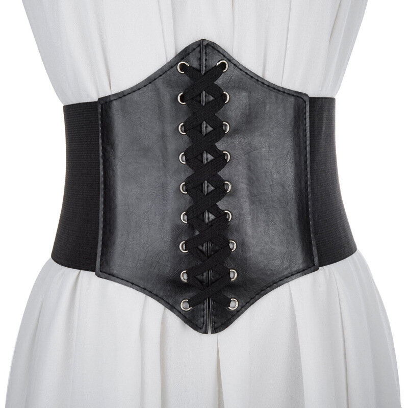 Gothic Women Corset Wide Pu Leather Girdle Slimming Body Belts with Bandage Ladies Elastic High Waist Belts Feminin Ceinture