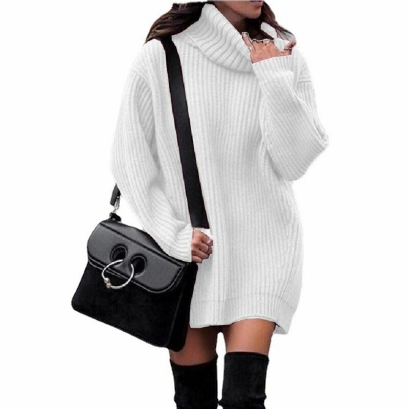 Women's Turtleneck Mid-length Knitted Pullover Long Sleeve Dress Sweater