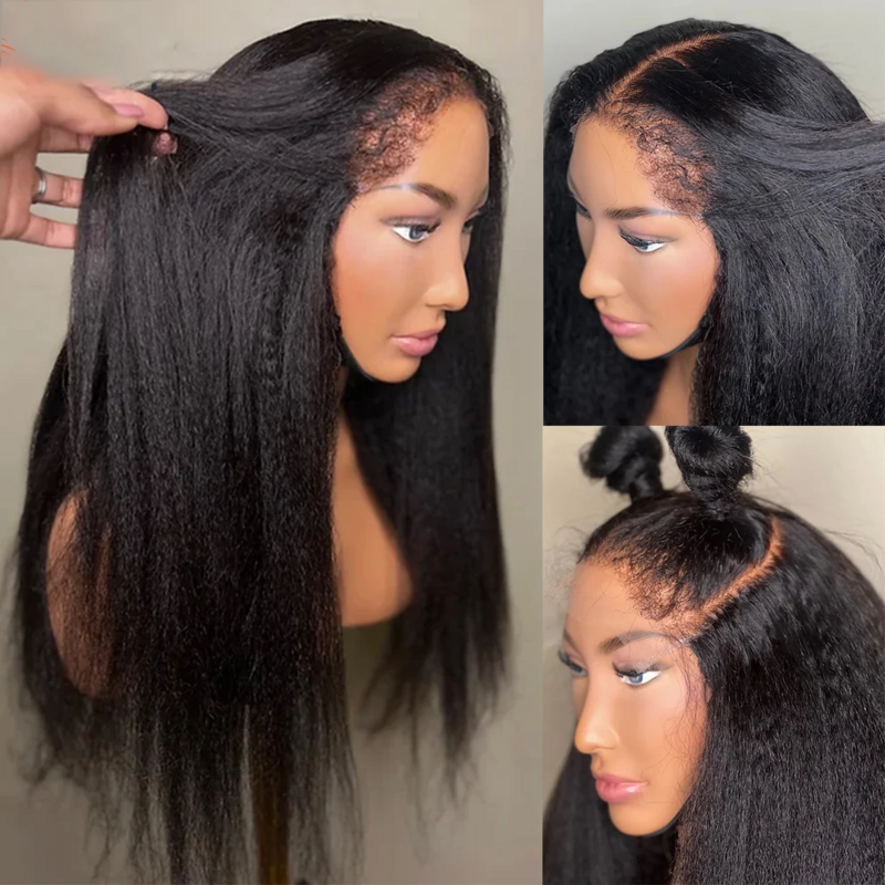 Black Yaki Kinky Straight 26 Inch 180Density Glueless BabyHair Lace Front Wig For Black Women Preplucked Heat Resistant Daily