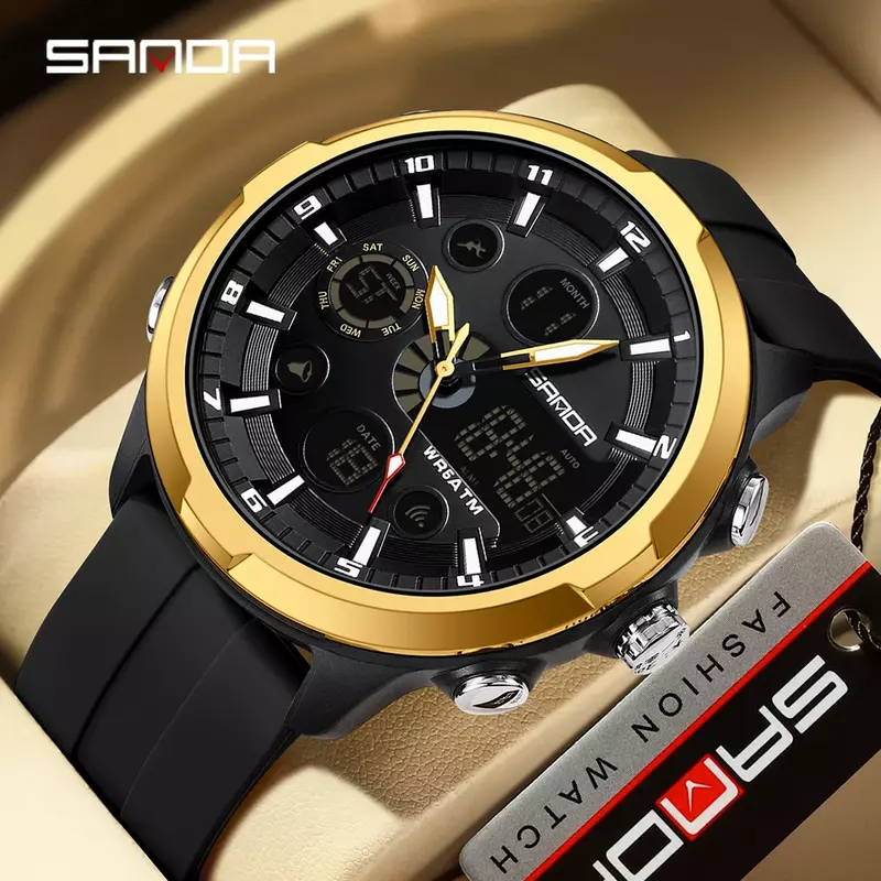 Sanda jam tangan elektronik pria, arloji multifungsi edisi Korea tahan air bercahaya malam 9053