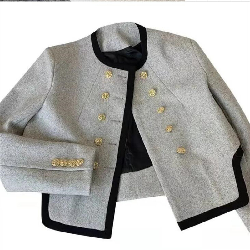 Женская двубортная куртка, короткая двубортная куртка контрастных цветов с круглым вырезом, верхняя одежда в Корейском стиле, весна-осень 2024