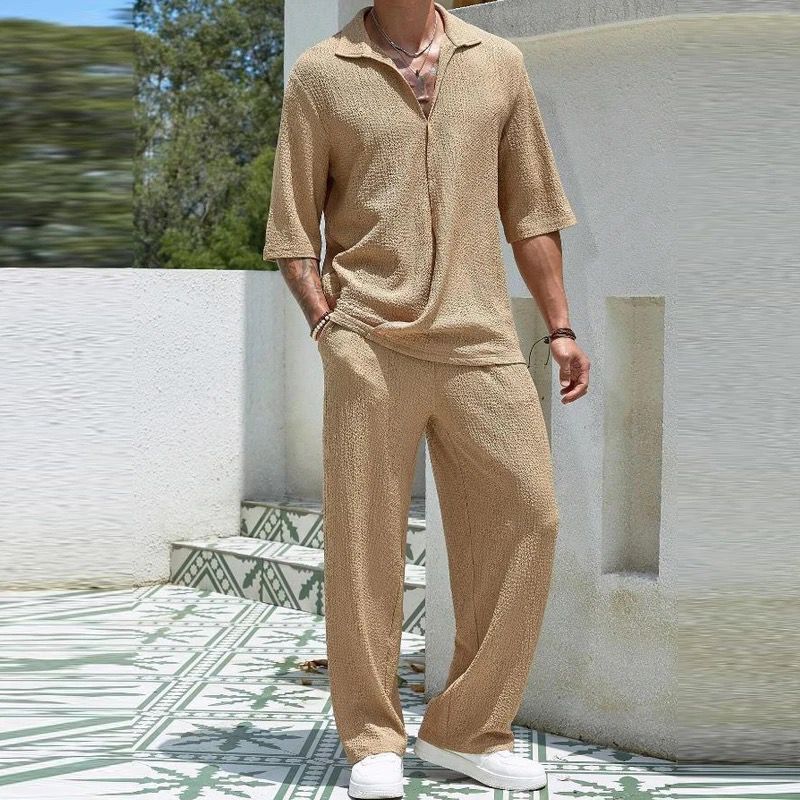 Designer Men Pants Set Summer Short Sleeve Shirt and Long Pants Suit Men's Irregular 2 Piece Sets Mens Loose Solid Color Outfits
