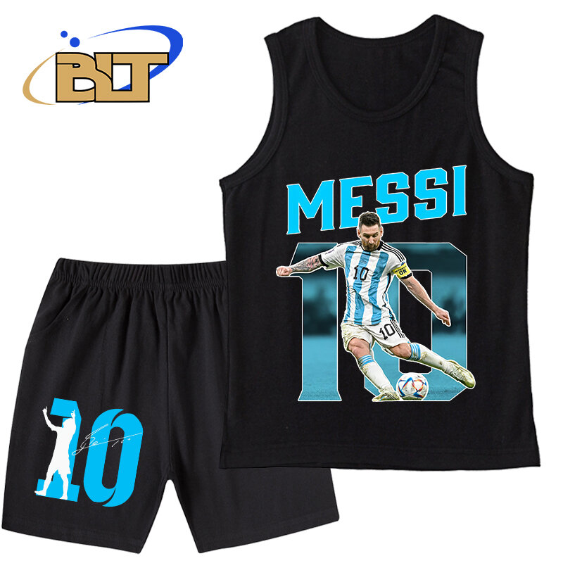Messi pakaian olahraga anak laki-laki, setelan rompi celana musim panas 2 potong cocok untuk anak laki-laki