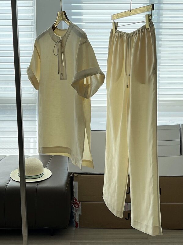 Lazer pendulares gravata de cordão conjunto para mulheres, solto, manga curta, pulôver top, calças compridas
