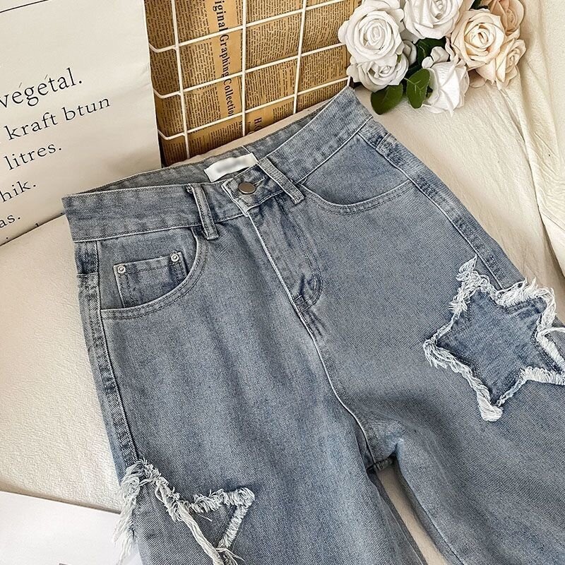 Pantalones vaqueros azules de moda coreana para mujer, ropa Vintage, pantalones de pierna recta, cintura alta, 2023