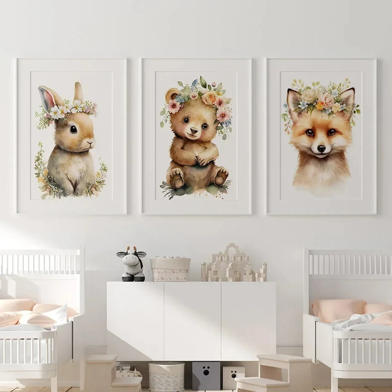 Poster seni dinding kamar anak bayi gambar dinding lukisan kanvas cetakan dan poster seni dinding kamar anak bunga Unicorn rubah beruang macan tutul