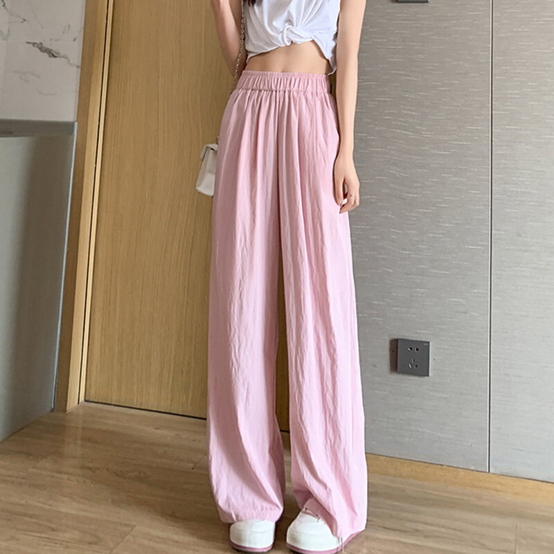 Women Solid Thin Pants Summer New Casual High Waist Female Wide Leg Trousers Fashion All Match Loose Ladies Straight Pants