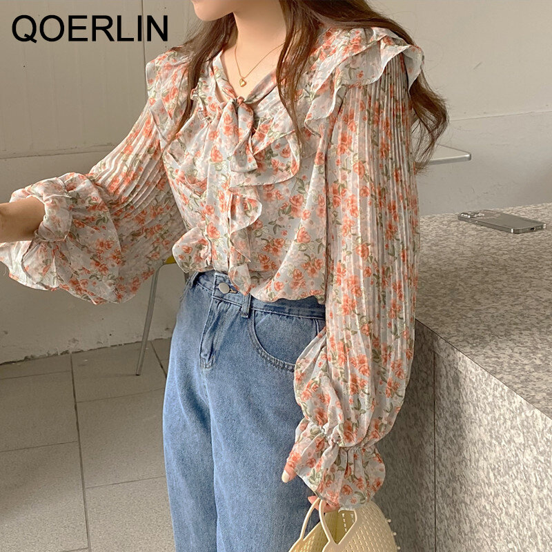 Qoerlin韓国の愛らしい女性の花柄フリルレースアップシャツ折りフレアスリーブシングルブレストボタンブラウス