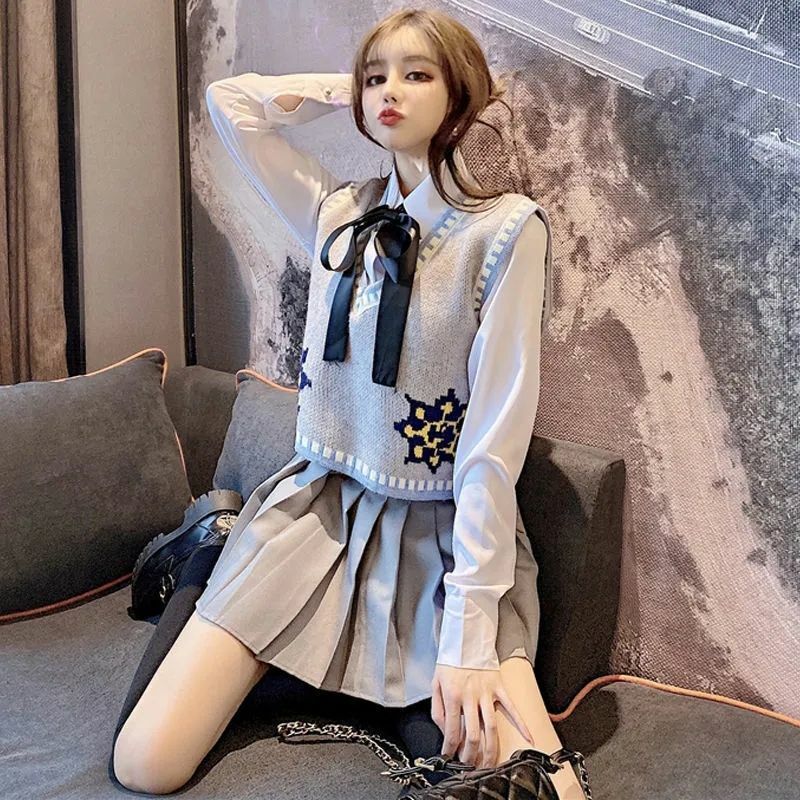 Japan Korea Style School Uniform Autumn And Winter Knitted Vest Pleated Skirt three-piece Fashion Suit Daily Jk School Uniform