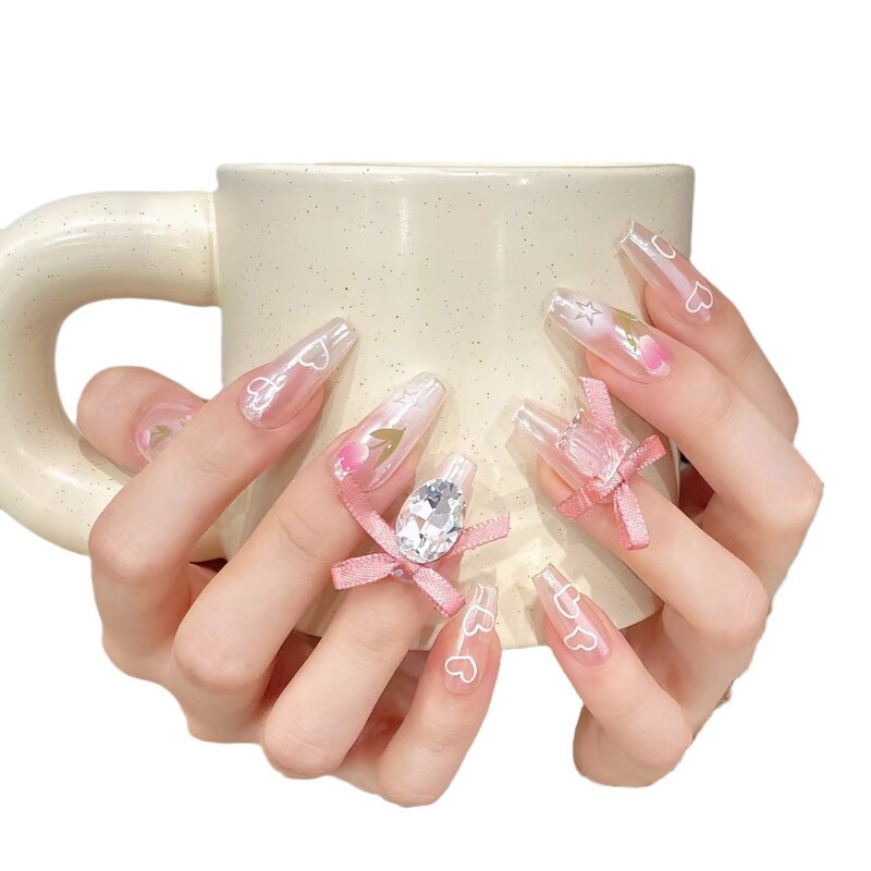 10 pezzi unghie finte fatte a mano di media lunghezza stampa sulle unghie Tulip Flower Design Pink Bowknot punte per unghie finte indossabili Manicure fai da te