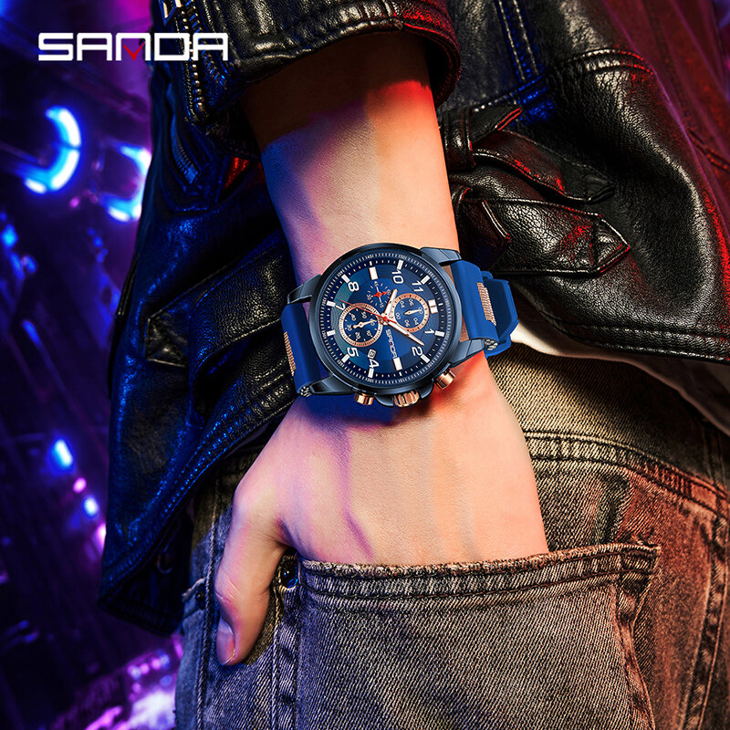 Fashion Sanda Brand 5506 New Design 2023 Trendy Soft Silicone Strap Quartz Movement Business Men Waterproof Chronograph Watches