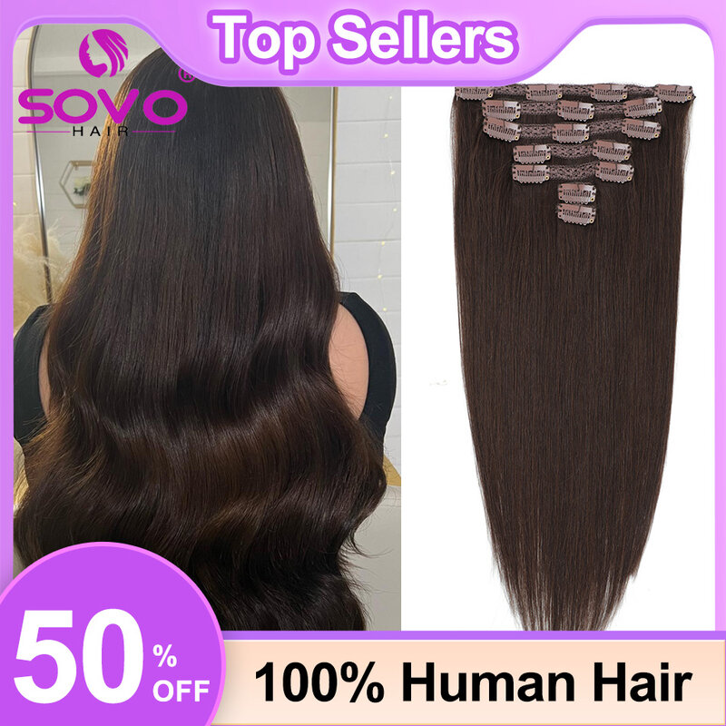 100-200Grams Clip In Hair Extension 100% Remy Human Hair Dark Brown Clip-On HairPiece Full Head 14-28 Inch For Salon Supply