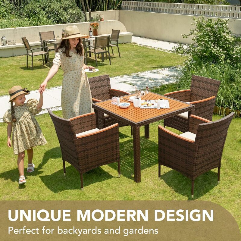 Zestaw do rozmów na patio z blatem z drewna akacjowego, rattanowy stół do jadalni na świeżym powietrzu i krzesła na podwórku, ogród, taras