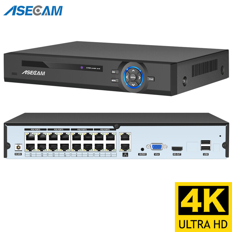 Xmeye-grabadora de vídeo Onvif H.265 de 16 canales, 4k, 8MP, POE, NVR, 48V, Audio Out, PTZ, cámara IP, IA, detección facial, sistema CCTV, red RTSP P2P