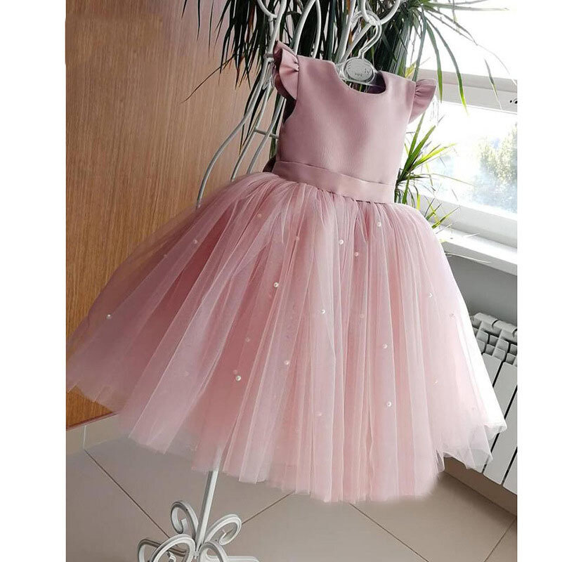 Elegante Korte Roze Peuter Bloemenmeisje Jurken Verjaardag Tule Mouwloze Strik Parels Prinses Trouwjurk Voor Kinderen Baby