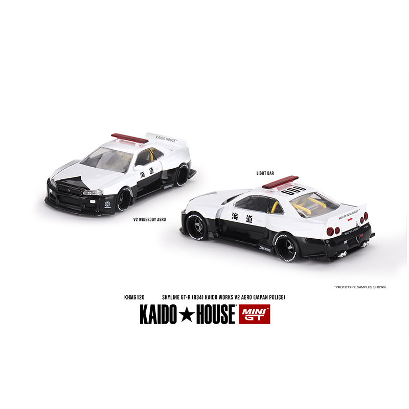 Pressa MINIGT KHMG120 1:64 Skyline GTR R34 V2 Aero Police cappuccio apribile Diecast Diorama collezione di modelli di auto Kaido House