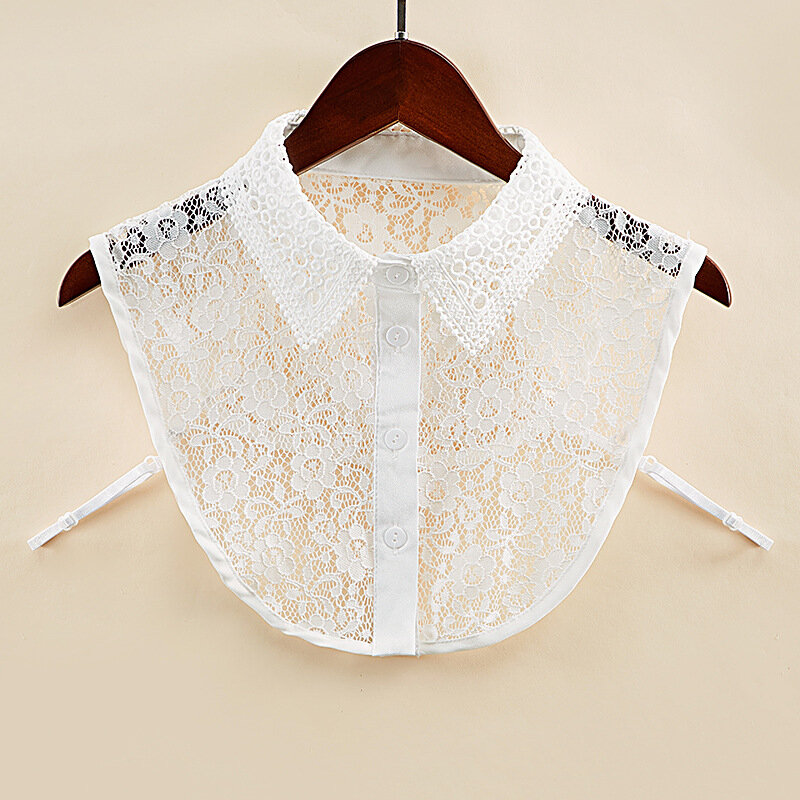 Camisa de encaje bordado para mujer, suéter con cuello falso, vestido desmontable, blusa con solapa, lazos superiores, color blanco y negro, 2023