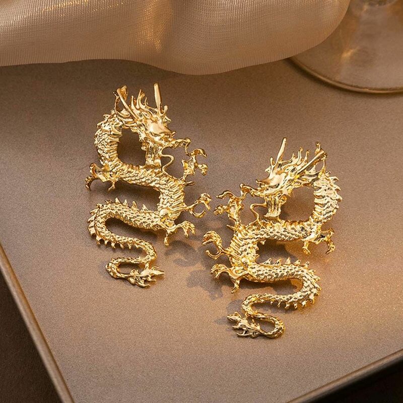 Boucles d'oreilles dragon de style chinois, bijoux de déclaration, goujon d'oreille de dragon, totem animal, accessoires de bijoux, or, argent, cadeau