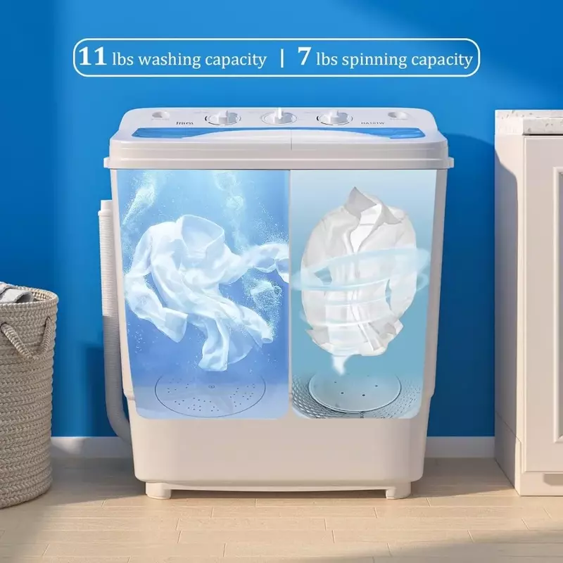 Draagbare Twin Tub 18lbs Wasmachine Met Droogrek, 11lbs Wasmachine Mini Compacte Wasmachine Met 7Lbs Spinner