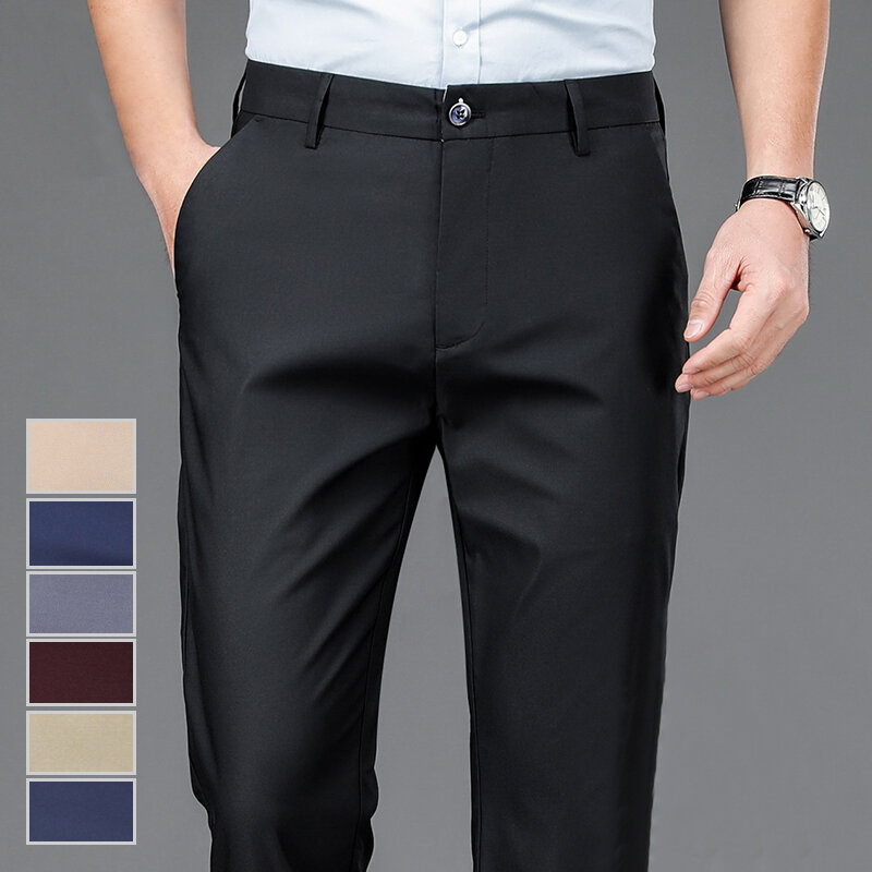 Spodnie męskie rozciągliwe, solidne czarne eleganckie spodnie męskie na co dzień, szybkie spodnie biurowe, nowe wiosenne jesienne koreańskie proste spodnie