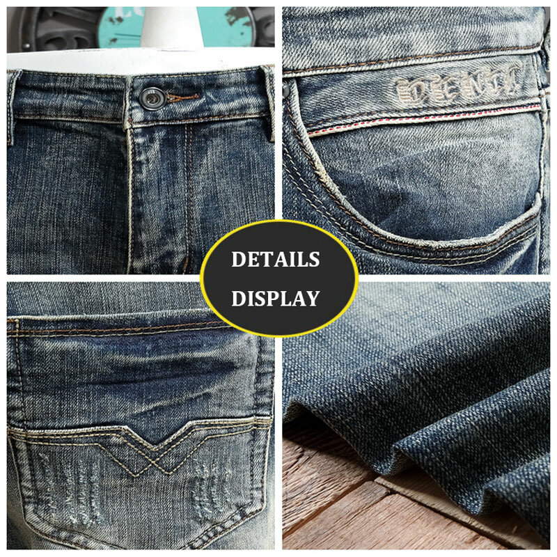 Pantalones vaqueros Vintage para Hombre, Jeans rasgados elásticos de Retro Azul, ajustados, bordados de diseñador, informales