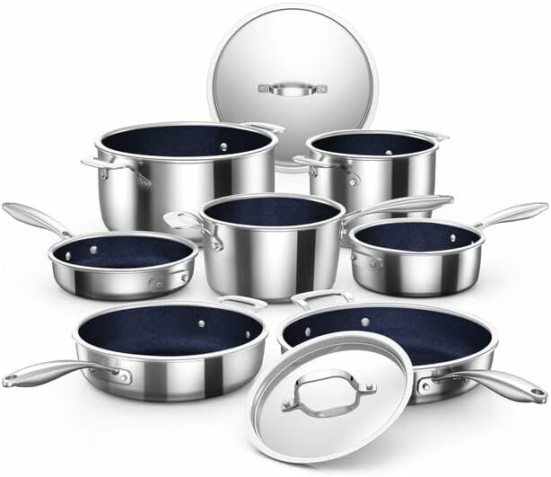9-piece stainless steel cookware set, healthy Duralon blue non-stick ceramic coating, three-layer construction, ergonomic