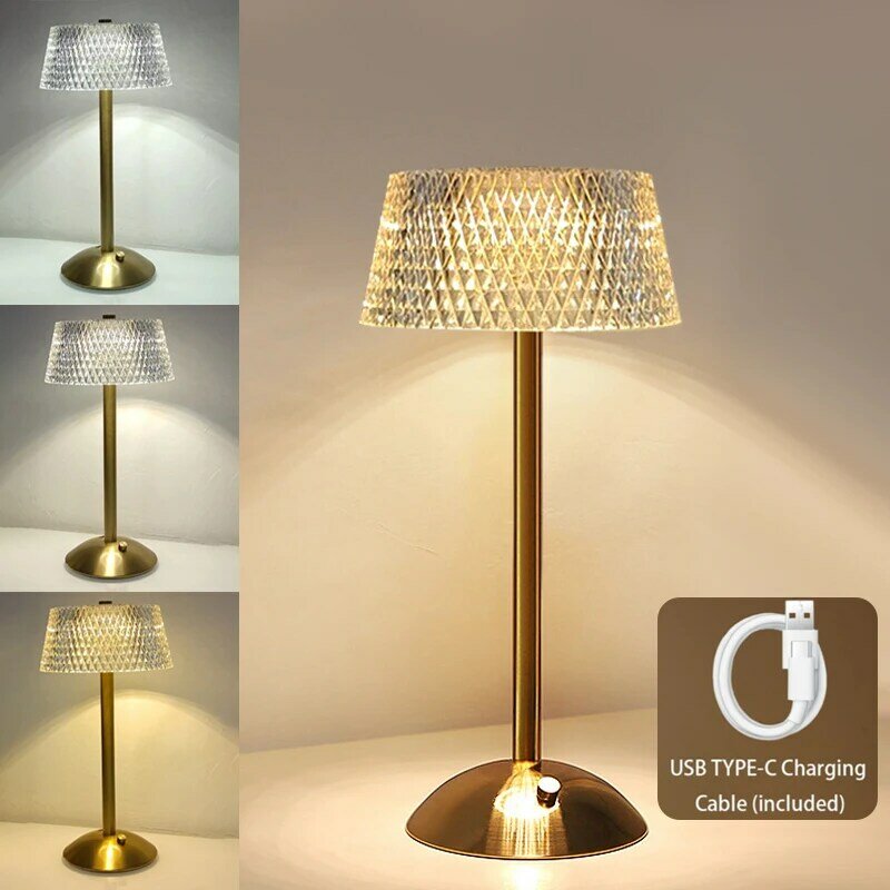 Crystal Diamond LED Table Lamp, USB Touch Dimming Desk Lamp, Luz acrílica, Lâmpada de cabeceira decorativa para Bar Restaurante e Hotel