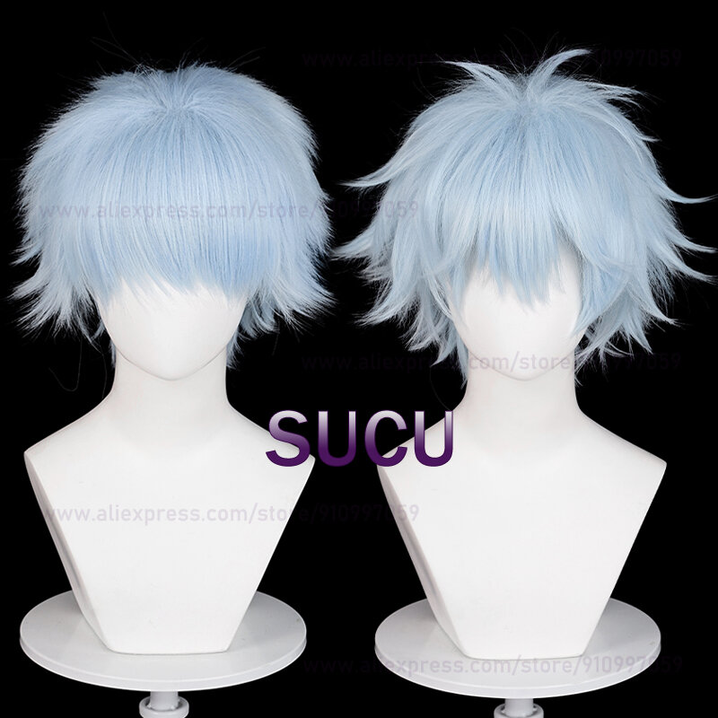 Anime Okazaki Shinichi parrucca Cosplay 30cm capelli azzurri parrucche sintetiche resistenti al calore di Halloween + cappuccio per parrucca