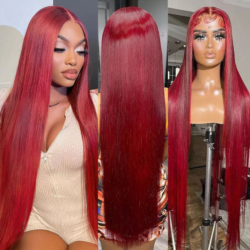 Wig Merah Lurus Tulang Yuan 13X4 Wig Rambut Manusia Renda Depan untuk Wanita 99j Wig Depan Renda Lurus Merah Anggur Brasil Transparan
