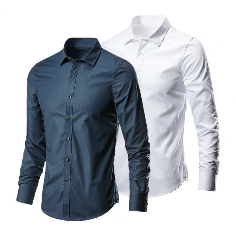 Camisa de poliéster elástica para hombre, camisa de negocios ajustada con cuello vuelto, mangas largas, diseño de Color sólido para Plus
