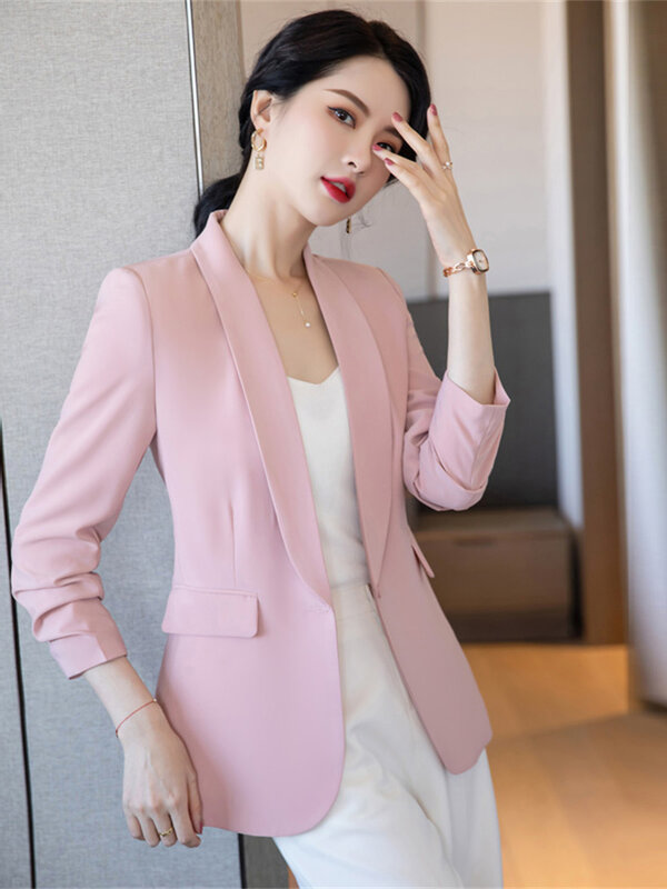 แขนยาวผู้หญิงทำงานสำนักงานชุดรูปแบบ OL แฟชั่นสีชมพู Blazer Jacket