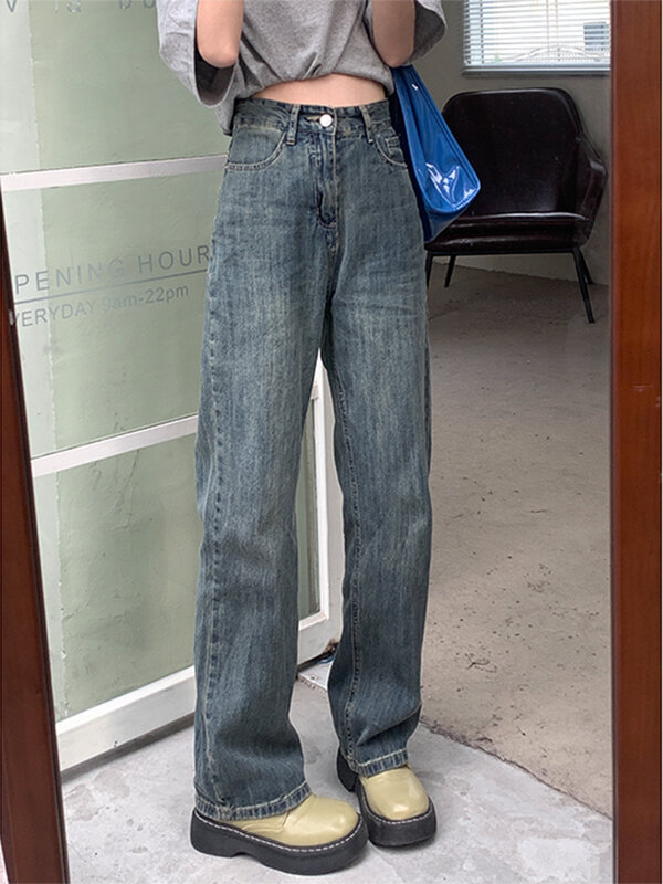Jeans blu Vintage da donna pantaloni dritti a vita alta larghi Casual a gamba larga pantaloni in Denim per auto coltivazione moda coreana da donna