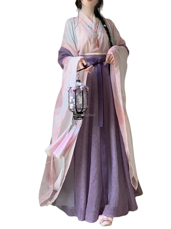2024 cinese antico wei jin stile dinastia femminile stampato antico quotidiano colletto incrociato manica lunga top allentato casual hanfu t001