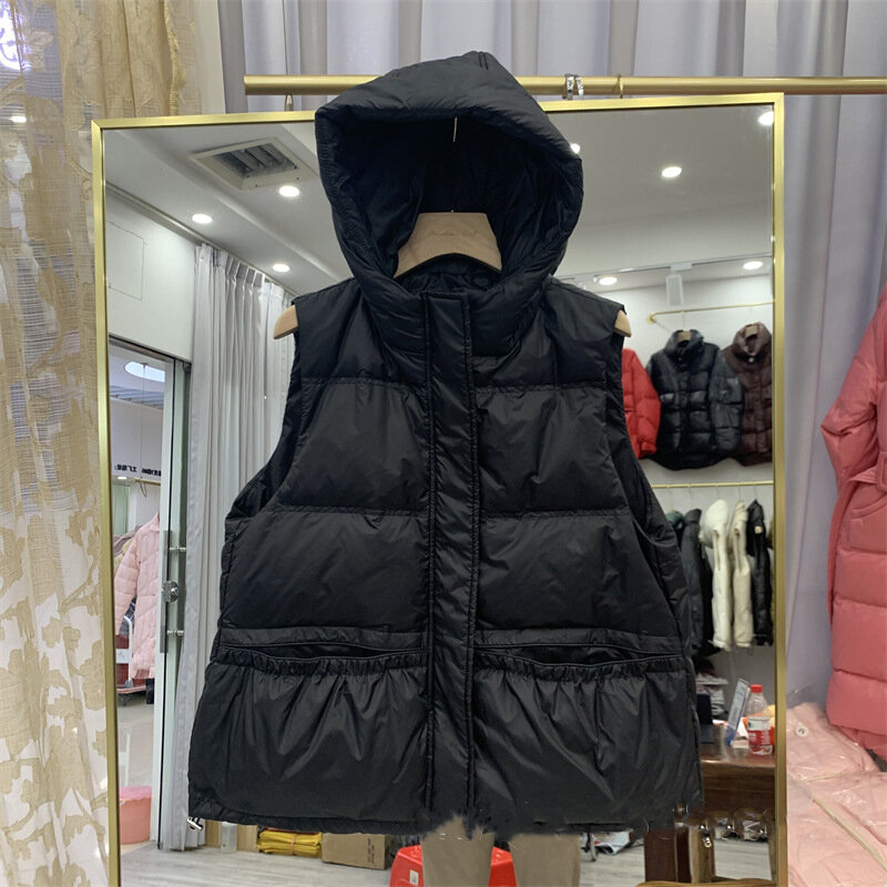 New Winter Autumn Women's Stand Collar Solid Color Sleeveless Causal Warm Vest Hodded Collar Loose Chic White Duck Down Coat