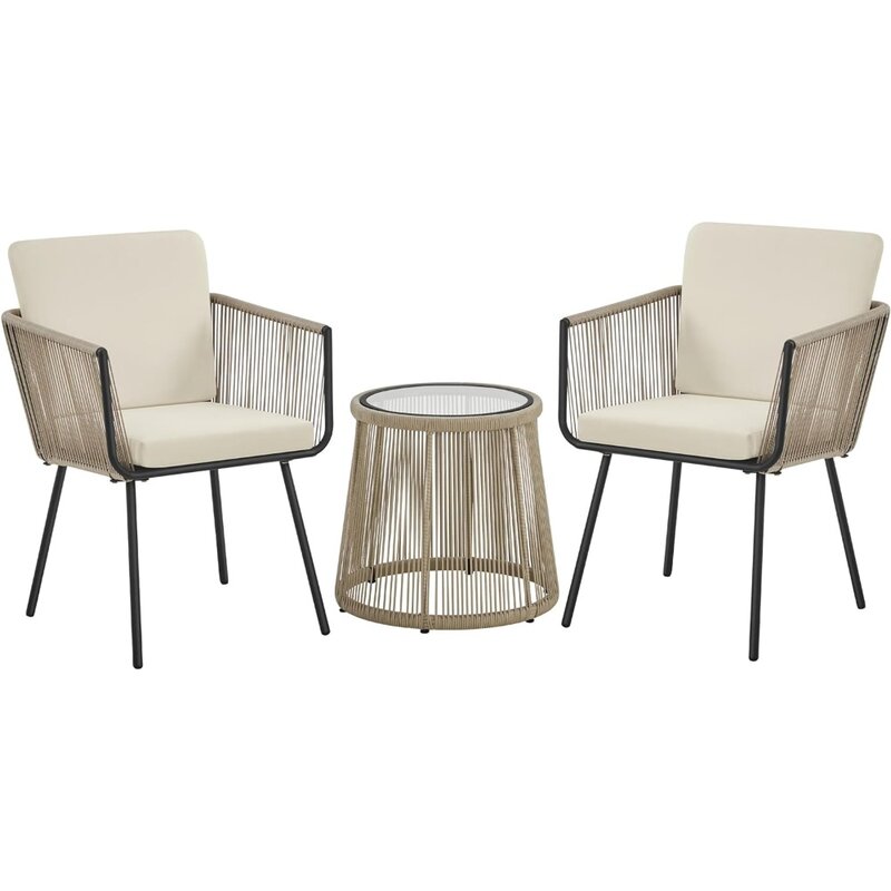 Набор мебели для патио из 3 предметов, уличный Плетеный набор для бистро из ПЭ ротанга с 2 стульями и столешницей из закаленного стекла