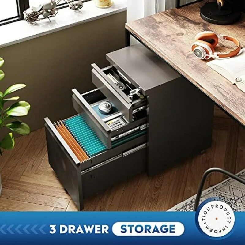 DEVAISE 3 Drawer Mobile File Cabinet with Lock, Under Desk Metal Filing Cabinet , Fully Assembled Except Wheels, Black