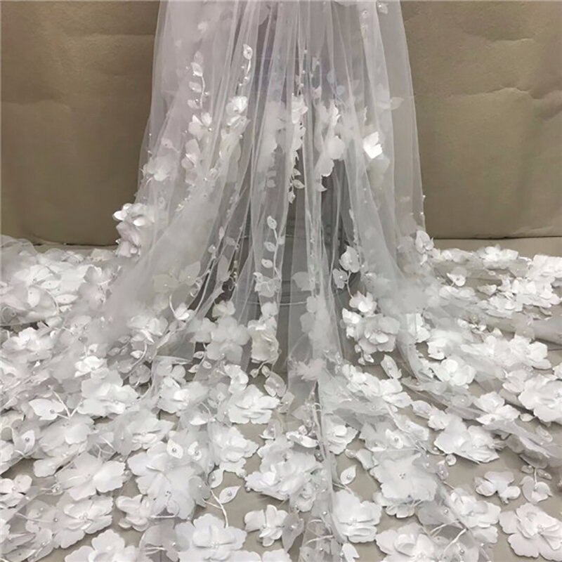 White 3D Beads Lace Fabric 2023 High Quality Mesh Embroidery Applique 3D Flower Tulle Nigerian Lace Fabrics For Bridal LY1355