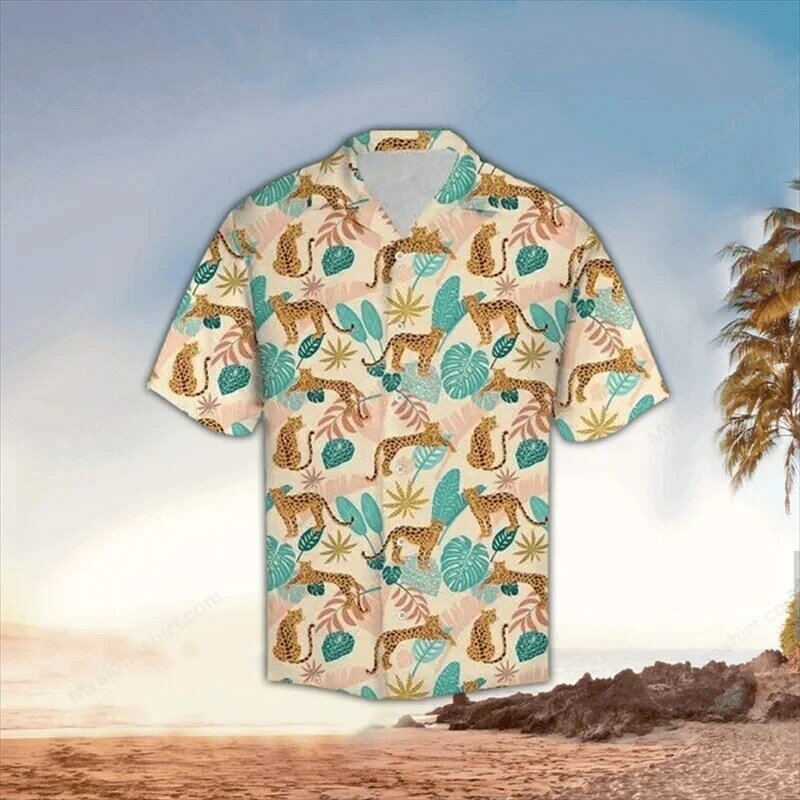 Blus pola macan tutul untuk pria dan wanita, kemeja Hawaii motif macan tutul, blus kasual modis lengan pendek dengan kancing Lapel, atasan Streetwear y2k