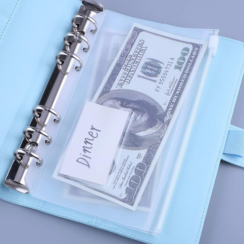 Pochettes de reliure en PVC A6 avec pochette pour étiquettes, enveloppes à fermeture éclair pour Budget liquide, dossiers pour classeur pour Notebook à 6 anneaux, 12 pièces