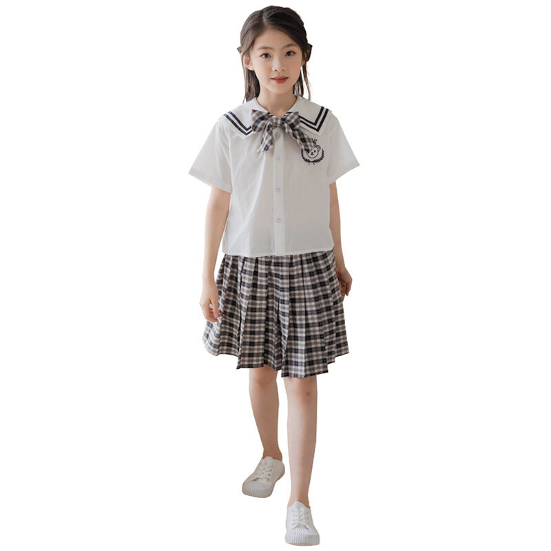 Korean Summer Children Girl 2PCS Clothes Set School Girl Bowknot Navy Collar T-shirt+Plaid Pleated Skirt Kids Academy Style Suit