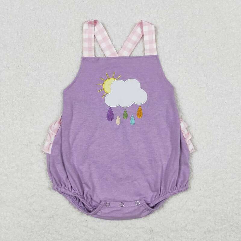 SR1071 вышивка облака Солнце Цветные капли дождя фиолетовый хлопковый комбинезон детские комбинезоны для девочек детская одежда