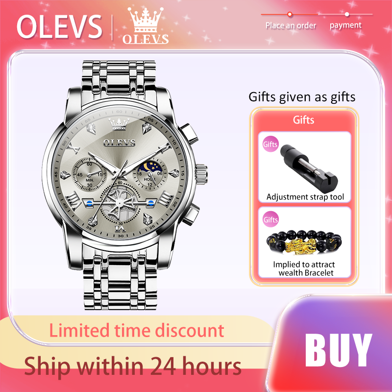 Olevs-メンズ発光クォーツ腕時計、ローマンスケール、防水、月相、クロノグラフ、ドレス、トップオリジナル