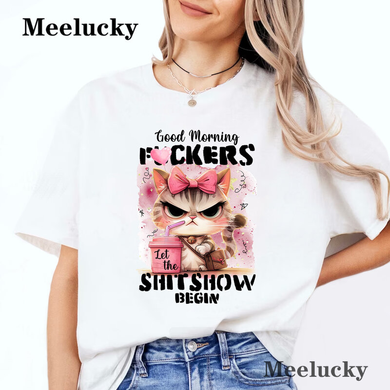 Humor Animal Quotes Neck Crop Tops Cat Print T shirt Leisure Pure Cotton Summer Short Sleeve