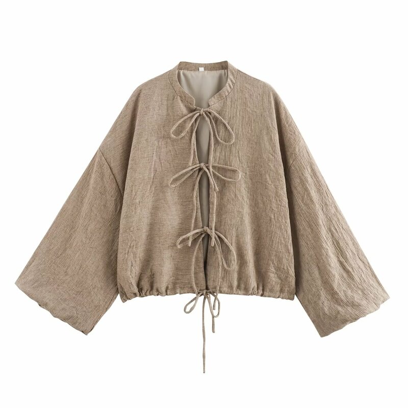 Camisa plisada con cuello redondo para mujer, abrigo Retro de manga larga, Top único, decoración de pajarita, nueva moda, 2024