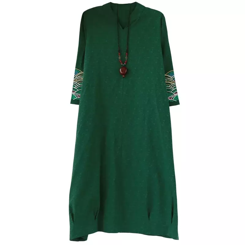 Cotton Linen Chinese Dress Qipao Long Cheongsam Embroidery Elegant Chinese Dresses Long Sleeves Robe Vintage Femme Vestido 10572